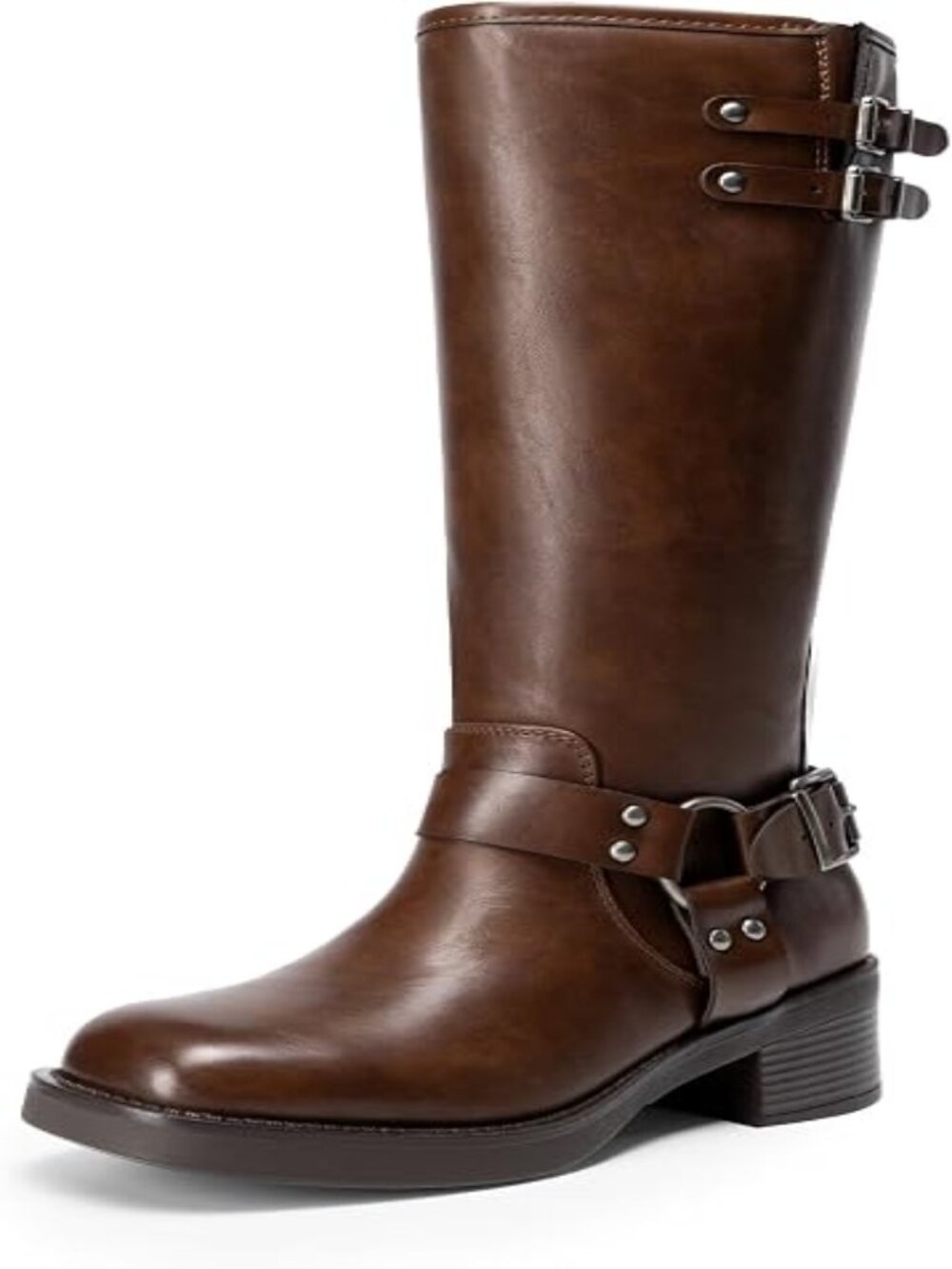 Womens Caramel Pu Round Toe Buckles Side Zipper Moto Biker Chunky Knee High Boot